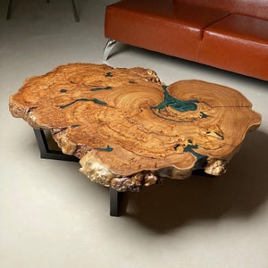 Live Edge Coffee Table Made From Natural Elm Wood And Dark Green Epoxy Resin, Unique Handmade Elm Burl Coffee Table With Black Steel Legs