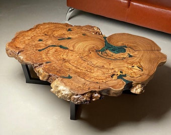 Live Edge Coffee Table Made From Natural Elm Wood And Dark Green Epoxy Resin, Unique Handmade Elm Burl Coffee Table With Black Steel Legs