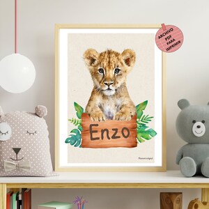 Lámina personalizada con nombre del niño, póster de cachorro de león, cartel personalizado, cuadro infantil para pared, arte digital en A3