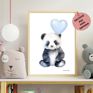 Lámina decorativa para niños y niñas, ilustración de oso panda con globo azul de corazón para la habitación de los pequeños o para regalo A3