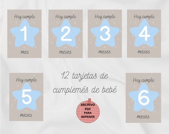 Pack de 12 tarjetas cumplemés en español, primer año del bebé en estrella azul, primeros momentos del bebé, regalo para recién nacidos.