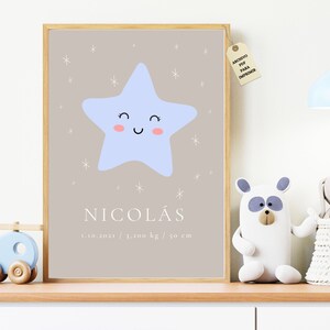 Lámina personalizada de nacimiento de bebé, natalicio para regalar a nuevos padres, regalo para recién nacido, póster estrella azul en A3.