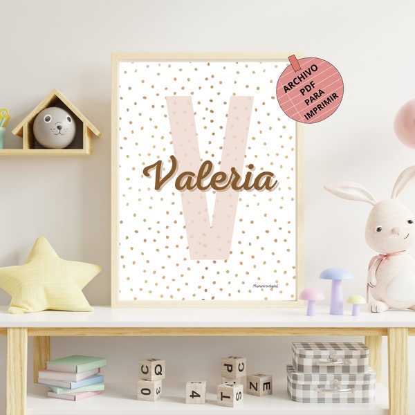 Personalized print with name and initial letter in brown and white for babies, boys and girls, children's room decoration or gift.