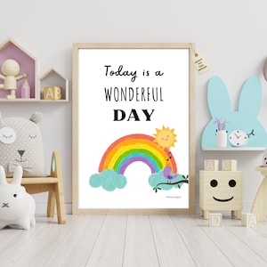 Hoy es un día maravilloso, decoración infantil en inglés, cuadro decorativo para niños, frase positiva, póster para imprimir en A4 y A3.