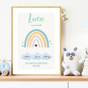 Lámina personalizada de nacimiento de bebé, natalicio para regalar a nuevos padres, regalo de recién nacido, póster infantil de bebé en A3.