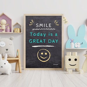 Sonríe hoy es un gran día, lámina en inglés, cuadro decorativo infantil, frase positiva y motivadora para niños, póster imprimible A4 y A3.