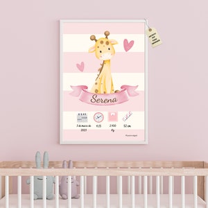Lámina de nacimiento personalizada, natalicio para decorar la habitación del bebé y de las niñas con ilustración de jirafa en rosa en A3