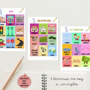 Set de 3 láminas en inglés, carteles educativos de aprendizaje niños, ciudad, campo y parque, vocabulario en inglés para imprimir en A4 y A3