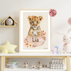 Lámina personalizada con el nombre de la niña, póster de cachorro de león, cartel personalizado, cuadro para pared, arte infantil digital.