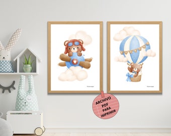 Set of 2 children's decorative sheets for baby, poster to decorate children's room, illustrations of two bears in blue A3