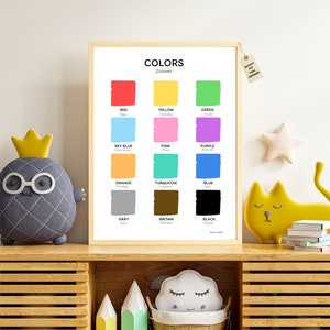 Los colores en dos idiomas, póster educativo en inglés y español para niños, láminas de aprendizaje didáctico para imprimir en A4 y A3.