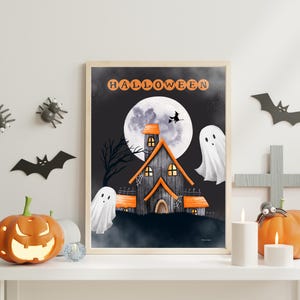 Cartel de Halloween, imprimible de Halloween, Halloween para niños, arte de pared de Halloween, fantasmas y casa de Halloween en A3 y A4