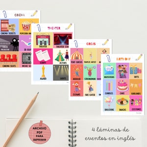 Set de 4 láminas en inglés, carteles educativos de aprendizaje, cumpleaños, circo, cine y teatro, vocabulario en inglés imprimible A4 y A3.
