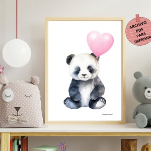 Lámina decorativa para niños y niñas, ilustración de oso panda con globo rosa de corazón para la habitación de los pequeños o para regalo A3