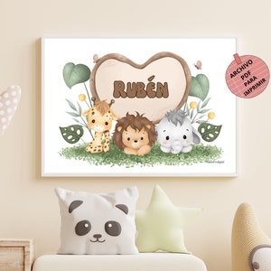 Personalisiertes Blatt mit Dschungeltieren mit dem Namen des Jungen oder Mädchens, Poster zur Dekoration des Kinderzimmers oder zum Verschenken im A3-Format.