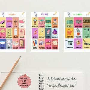 Pack of 3 educational sheets in Spanish of "places": home, school and garden. Learning flashcards for children in A3 and A4 size.