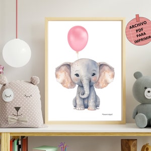 Lámina decorativa para niños y bebés, ilustración de elefante con globo rosa para la habitación de las niñas o para regalar en tamaño A3