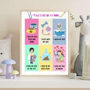 Educational sheet "I take care of my dog" in English, vocabulary in English, learning poster for children, children's education in A4 and A3.