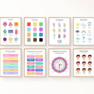 Set mit 8 zweisprachigen Lernblättern mit Formen, Farben, Zahlen, Wetter, Wochentagen, Monaten des Jahres, Uhrzeit und Emotionen zum Ausdrucken.