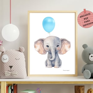 Lámina decorativa para niños y bebés, ilustración de elefante con un globo azul para la habitación de los niños o para regalar en tamaño A3.