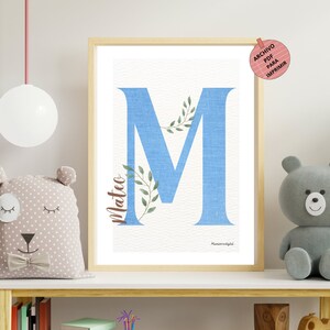 Lámina personalizada con letra inicial y nombre, efecto tela, póster con el nombre del niño, ilustración azul, rosa o beige, arte infantil.