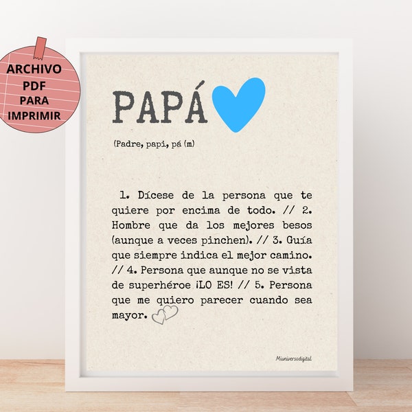 Lámina definición de papá, regalo para el día del padre, significado de papá en español, póster de ilustración decorativa para regalar en A3