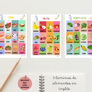 Set of 3 English food sheets, educational posters to print, foods, fruits and vegetables, vocabulary cards in A4 and A3.