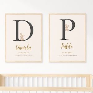 Lámina personalizada de nacimiento para bebé, natalicio para regalar a nuevos papás, regalo para recién nacido, póster letra inicial unisex
