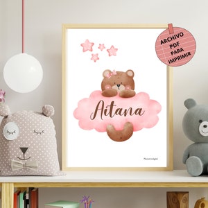 Lámina decorativa personalizada con osito para bebé, póster para decorar habitación de los niños o regalo con su nombre personalizado en A3.