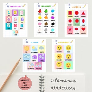 láminas educativas en español, fichas didácticas de aprendizaje para niños en castellano, números, colores, formas, emociones y tiempo.