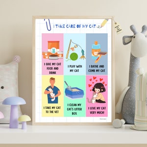 Educational sheet "I take care of my cat" in English, vocabulary in English, learning poster for children, children's education in A4 and A3.