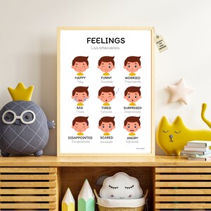 Bilingual Emotions, English and Spanish worksheet for learning emotions, educational learning poster for children in A4 and A3 sizes