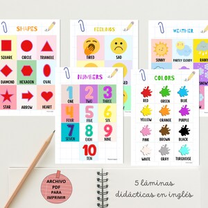 Set of 5 educational sheets in English, educational posters to print, numbers, colors, shapes, emotions and time in A3 and A4, index cards.