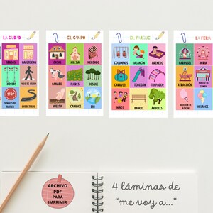 Pack of 4 educational sheets in Spanish of the city, the countryside, the park and the fair, educational learning sheets for children in A3 and A4.