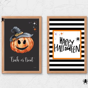 Set de 2 carteles de Halloween, impresiones de Halloween para niños, decoración de Halloween de calabaza, arte de pared Halloween A4 y A3