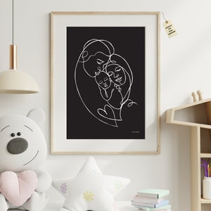 Arte lineal en negro, arte para pared, boceto de familia de tres, papá mamá y bebé, arte de línea minimalista, arte para imprimir en A4 y A3