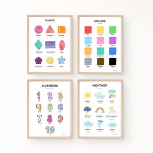 Set of 4 bilingual educational sheets, shapes, colors, numbers and weather, printable learning poster for children in A4 and A3 sizes.