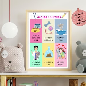 Educational decorative sheet "I take care of my dog", poster to decorate the children's room, educate on animal care in A3.