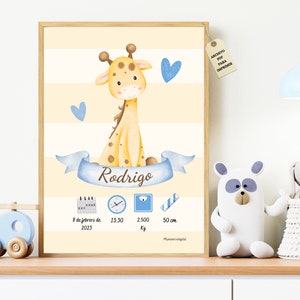 Lámina personalizada de nacimiento, ilustración de jirafa para niños, decoración infantil, regalos de bautizo, natalicio para imprimir en A3
