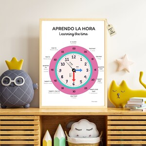 I learn the time, Spanish and English worksheet to learn the time, educational learning poster for children, printable poster in A4 and A3