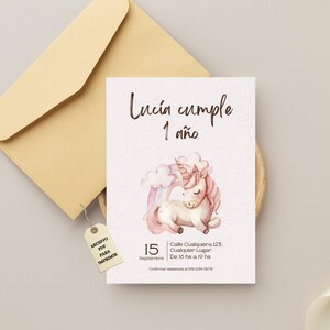Tarjetas de invitación de cumpleaños, temática de unicornios, invitaciones personalizadas para niñas, imprimible en A5, NO ES PLANTILLA.