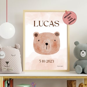 Personalisiertes Blatt mit Namen und Geburtsdatum, Kinderbärenillustration, Kinderzimmerdekoration, Geschenk in A3.