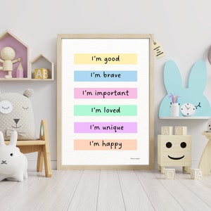Frases positivas para niños en inglés, cartel de motivación, cuadro decorativo infantil, palabras motivadoras para niño y niña en A4 y A3.