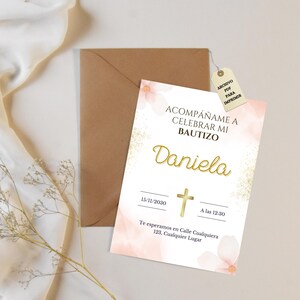 Tarjeta de invitación de bautizo personalizada para niña, invitaciones al bautismo, invitación floral rosa imprimible en A5. NO ES PLANTILLA