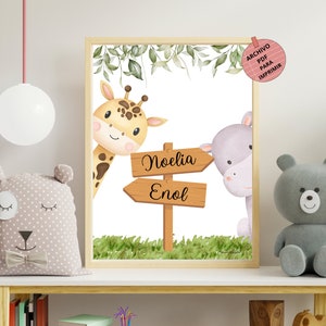 Lámina personalizada con nombres, animales de la selva, póster personalizado para niños, nombres en carteles, arte digital infantil, A3.