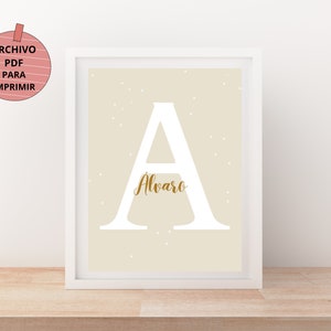 Lámina decorativa personalizada con letra inicial y nombre, póster para decorar o regalar con nombre personalizado para imprimir en A3.