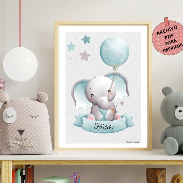 Lámina decorativa personalizada con el nombre del bebé, póster de elefante azul o rosa para decorar la habitación de los niños o para regalo