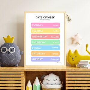 Bilingual Days of the Week, Educational Poster in English and Spanish for Children, Educational Learning Sheets to Print in A4 and A3 Sizes.