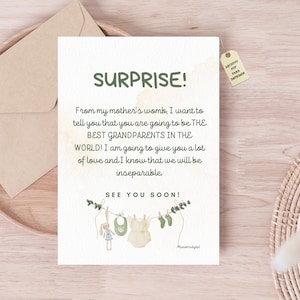 Cards in English announcing a new baby, news about a new member in the family, first grandchild, gifts for grandparents, pregnancy announcement.