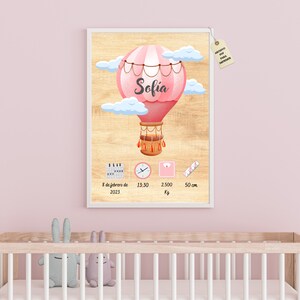 Lámina personalizada de nacimiento para bebé niña, natalicio para regalar a nuevos papás, regalo para recién nacido, póster globo rosa en A3